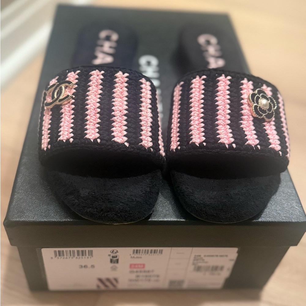 CHANEL Black and Pink crochet Striped Slides